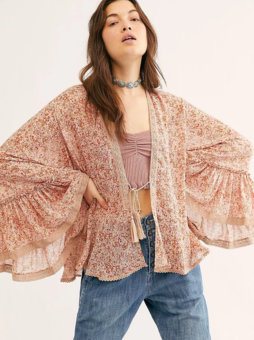 Free People Floral Tie-Front Shawl